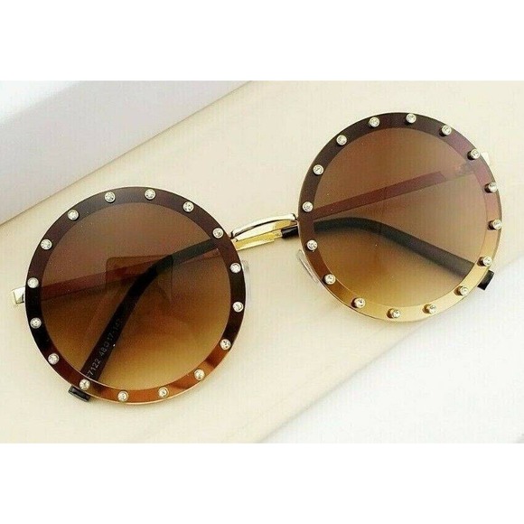 Round Sunglasses Women, Rhinestone Accent, Brown Lens, Fashion Shades‎ UV400 New - Picture 1 of 4